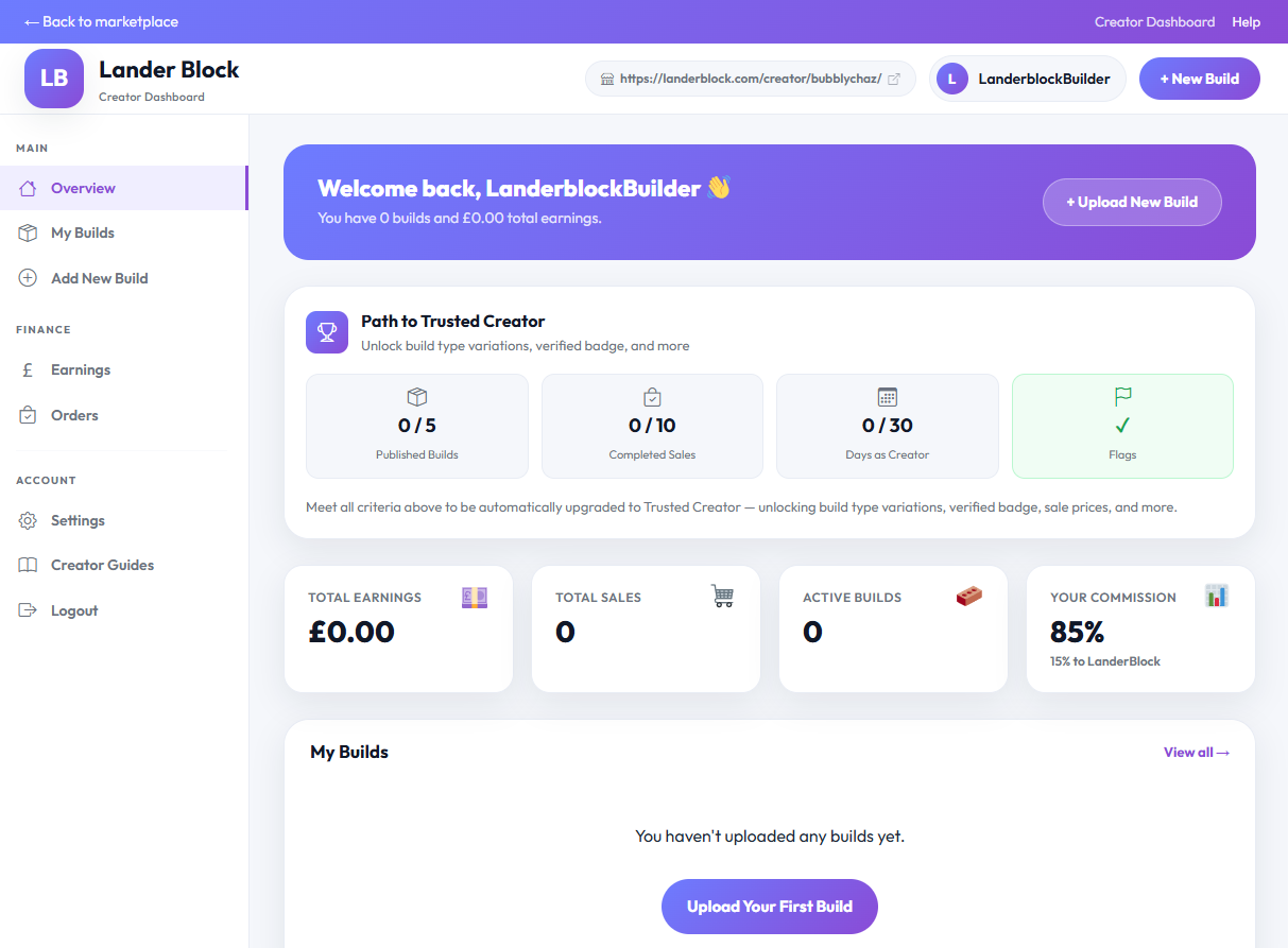 LanderBlock Creator Dashboard