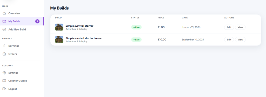 LanderBlock my builds creator dashboard tab